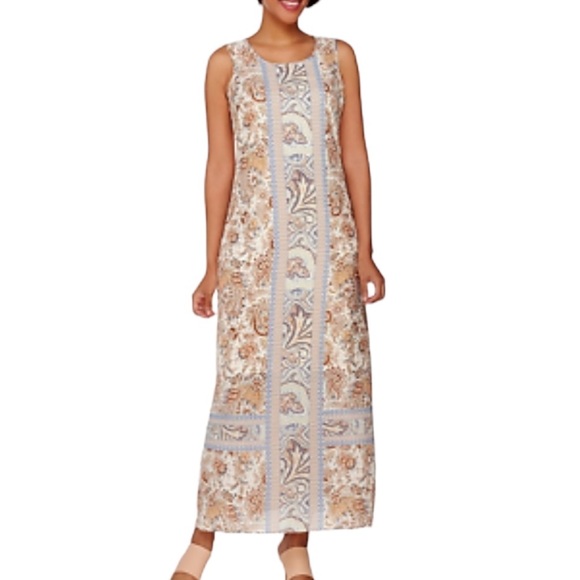 C. Wonder Ivory Peach Cornflower Blue Floral Sleeveless Shift Slip Maxi Dress 10 - Picture 2 of 15